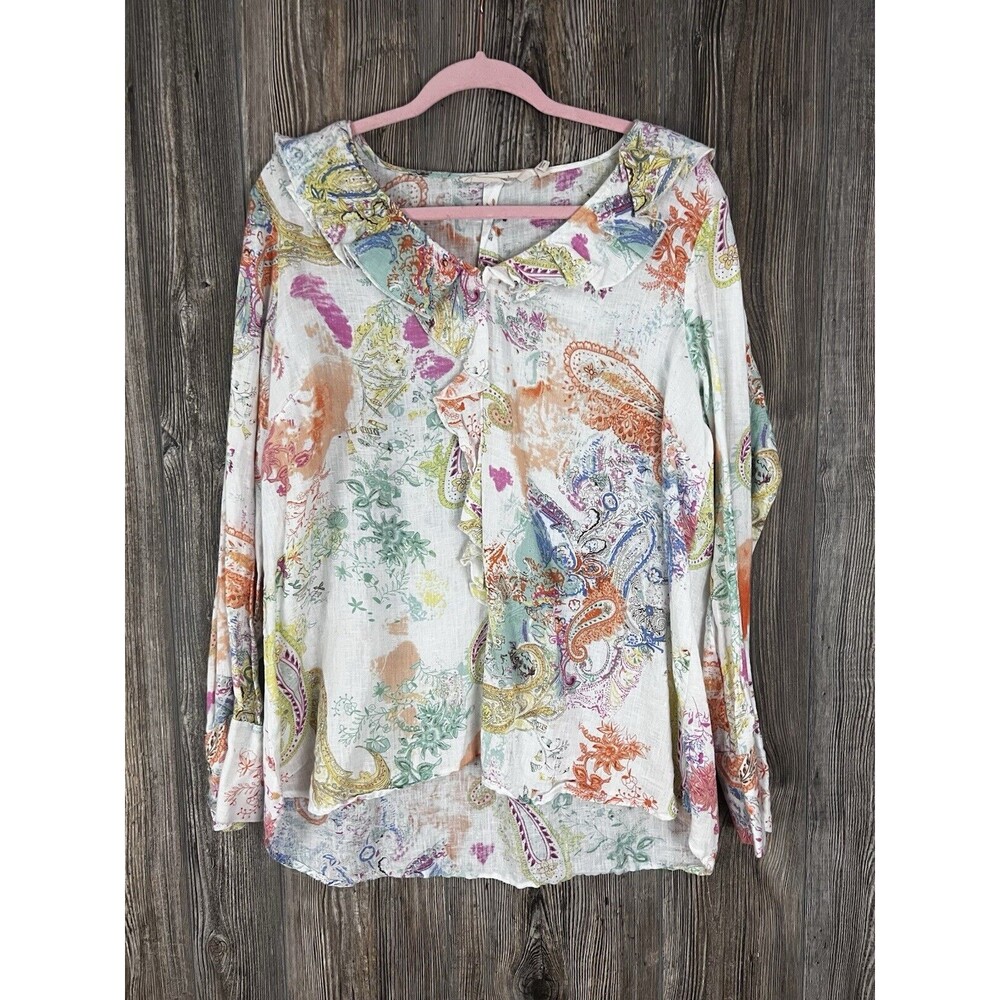 Soft Surroundings‎ XL LINEN  Floral Ruffle Blouse Paisley Shabby Chic Whimsical